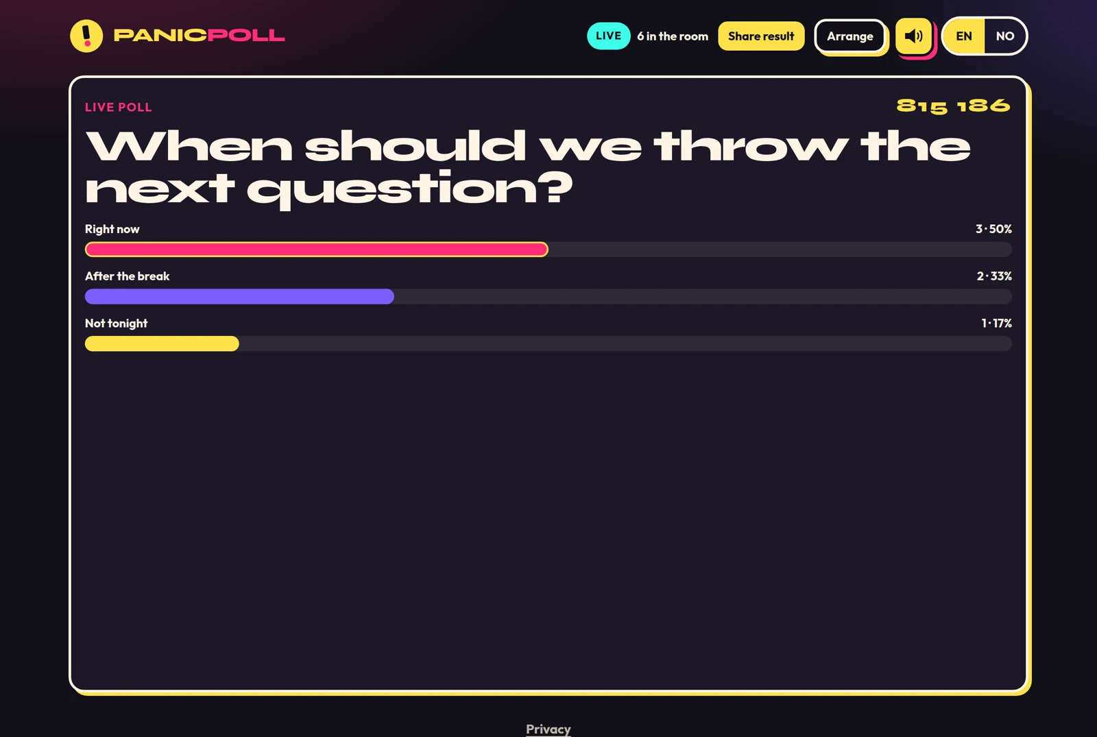 Live poll with vote counts and percentages.