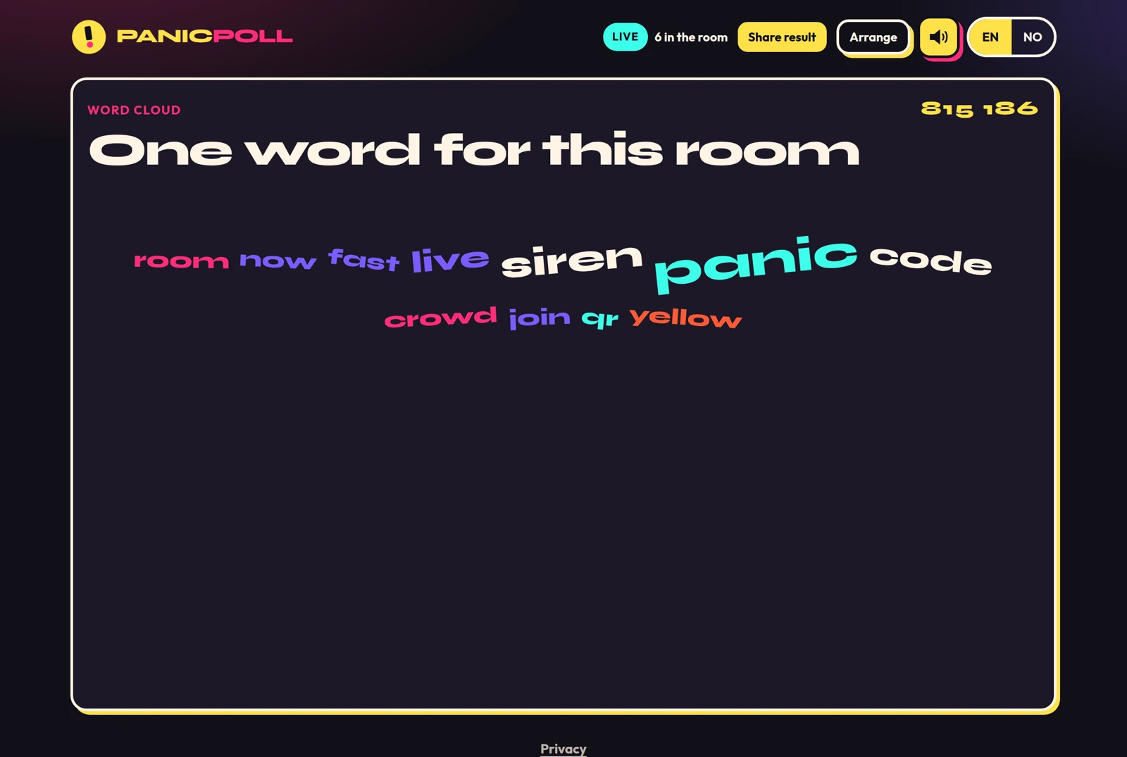 A word cloud of short answers filling the screen.